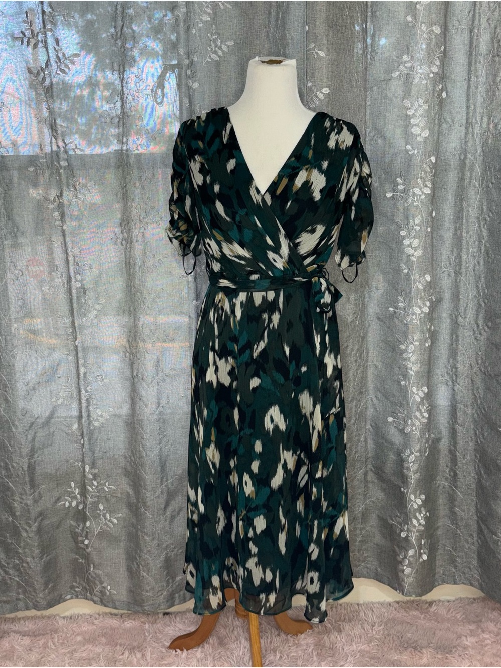 Marc New York Teal, Black and White Patterned Wrap Midi Dress